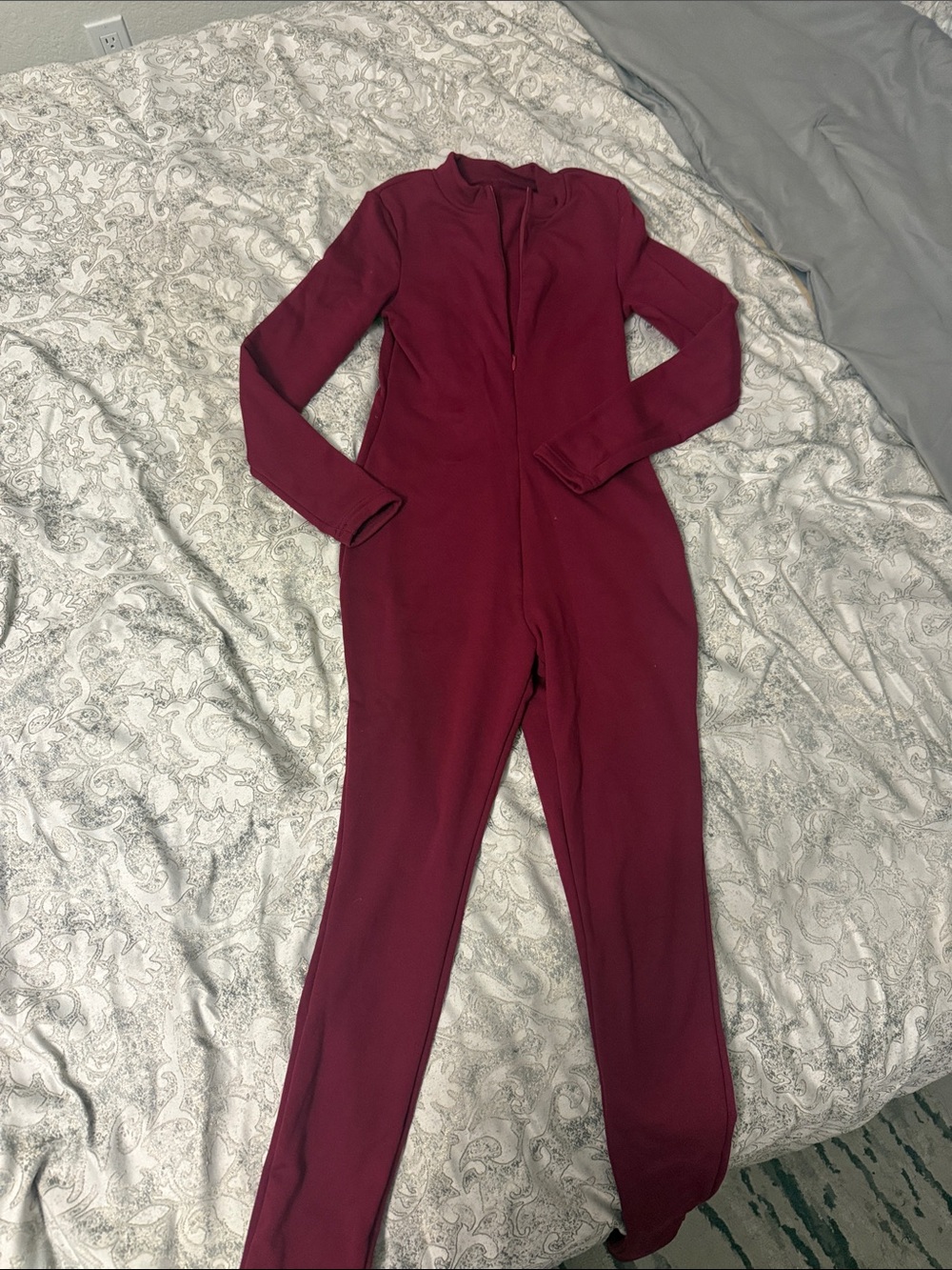 Dark Red Zip-Front Fitted Jumpsuit